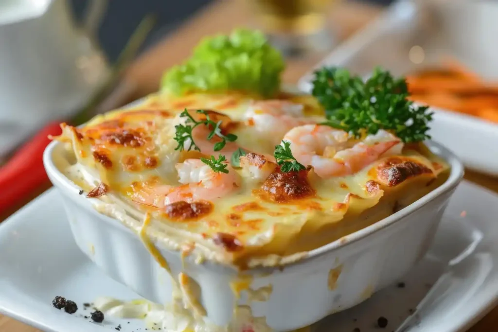 Lasanha de camarão, opção de prato principal para almoço de Páscoa Lasanha de camarão gratinada servida como prato principal no almoço de Páscoa