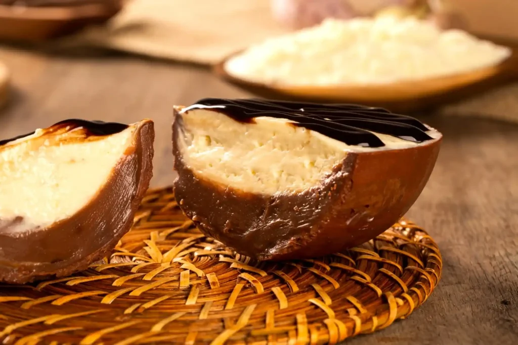 Ovo de Páscoa recheado, opção de sobremesa para almoço de Páscoa Ovo de chocolate recheado servido como sobremesa especial no almoço de Páscoa