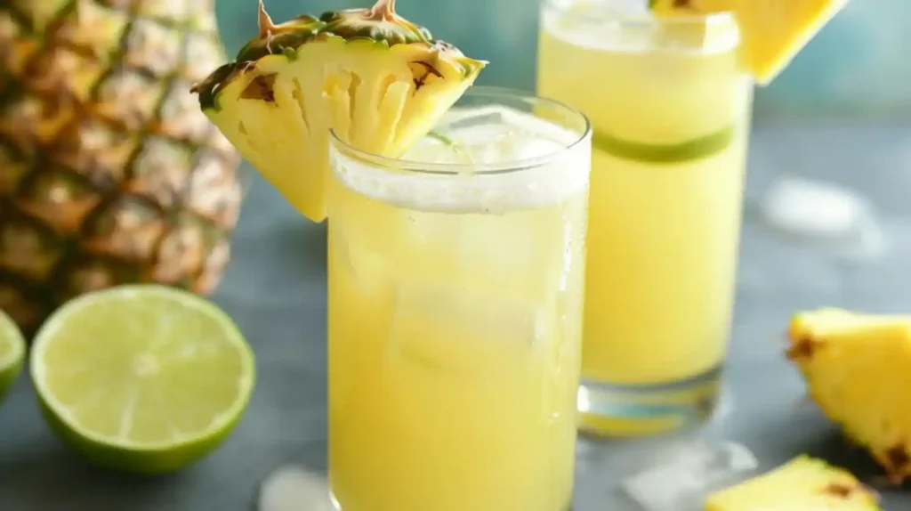 Suco de abacaxi com hortelã, bebida para almoço de Páscoa Suco de abacaxi com hortelã servido gelado para acompanhar o almoço de Páscoa