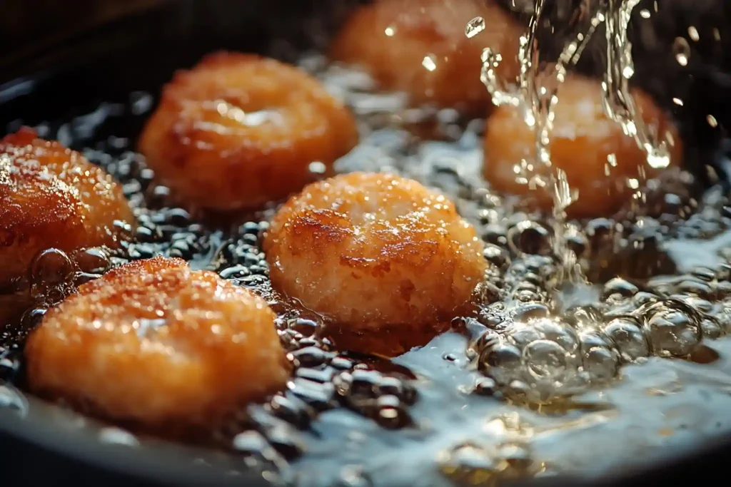 Como fazer bolinho de bacalhau? Receita-base e dicas para preparo na frigideira, forno e Air Fryer 1 Bolinhos de bacalhau fritando em óleo quente durante o preparo