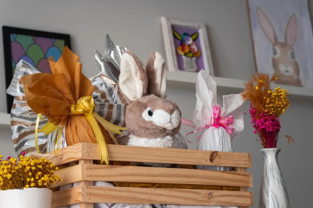 Decoração de Páscoa para loja Coelho de pelúcia e ovos decorados em caixa de madeira formando uma decoração de páscoa para lojas criativa