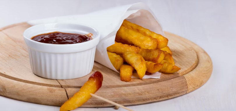 Melhores opções de finger foods para incluir no cardápio 2 Tábua de madeira com saco de batata frita e pote com molho.