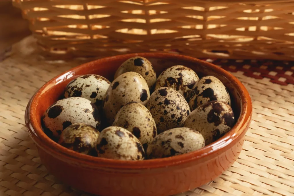 Tipos de ovos: codorna Ovos de codorna em tigela de cerâmica sobre mesa, representando tipos de ovos e variações para consumo