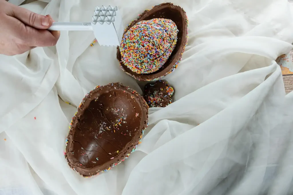 Como fazer ovo trufado de brigadeiro Ovo de chocolate trufado com brigadeiro e granulado sendo preparado com martelo culinário,