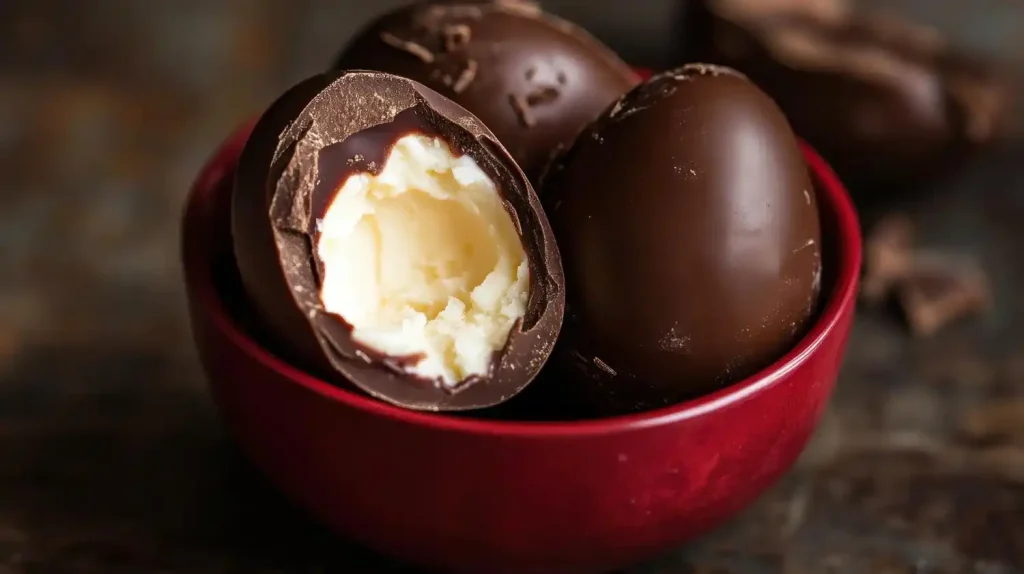 Como fazer ovo trufado de leite em pó Ovo de chocolate recheado com creme de leite em pó mostrando a textura do recheio