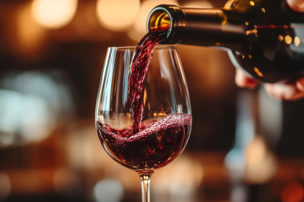Fornecedores de vinho para revenda: como escolher o melhor? 1 Vinho tinto sendo servido em taça durante degustação para revenda de vinhos