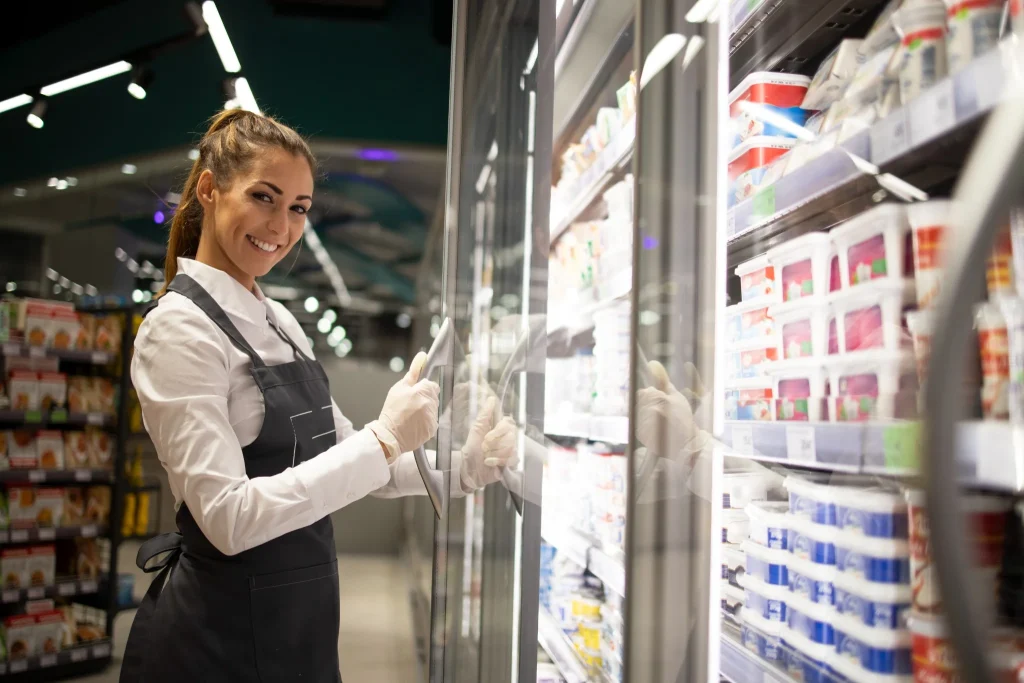 Boas práticas de manipulação de alimentos: o essencial para evitar riscos no seu negócio 2 Funcionária organizando alimentos em freezer seguindo normas de armazenamento seguro