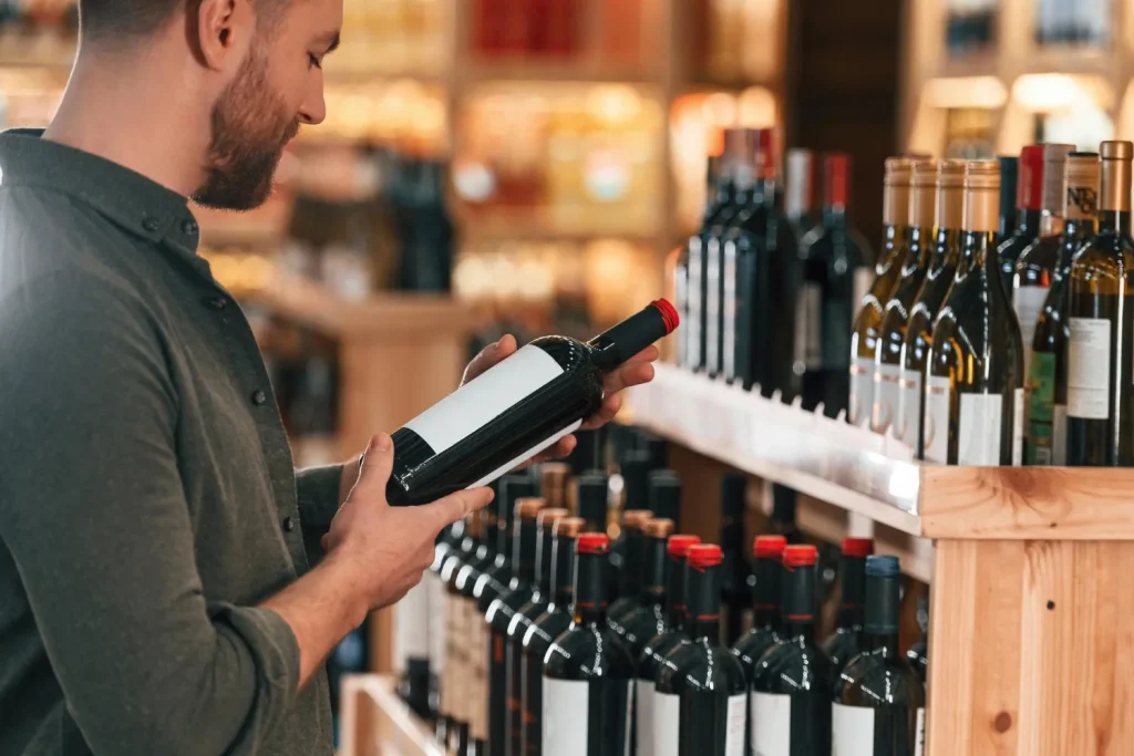 Vinho no atacado: como abastecer seu bar ou restaurante com melhor custo-benefício 1 Homem barbudo analisando garrafa de vinho no atacado em adega com prateleiras repletas de garrafas