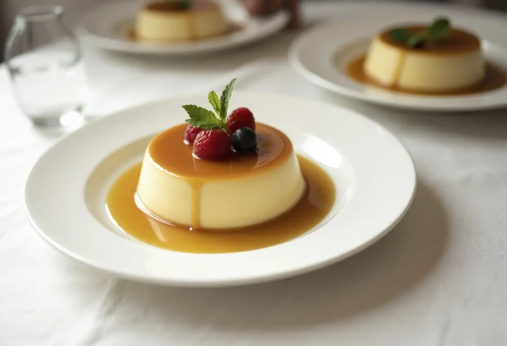 Sobremesa fácil: saiba o que oferecer para os clientes durante os jogos 1 Pudim de leite cremoso com calda de caramelo e framboesas frescas em prato branco, uma sobremesa facil e elegante